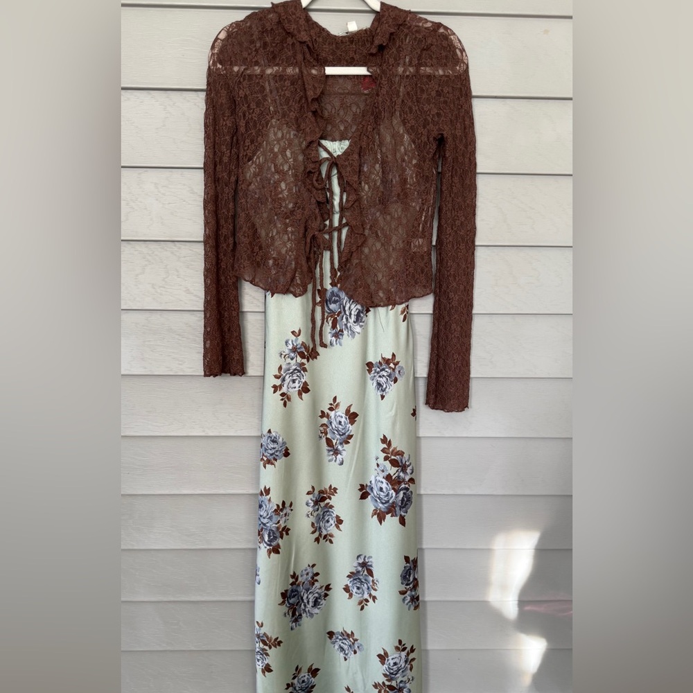 Floral satin/ lace Women Dress - Brown and green size S